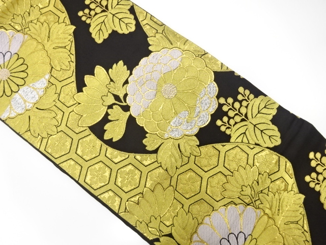 アンティーク　流水に菊桐花亀甲模様織出し袋帯（着用可）